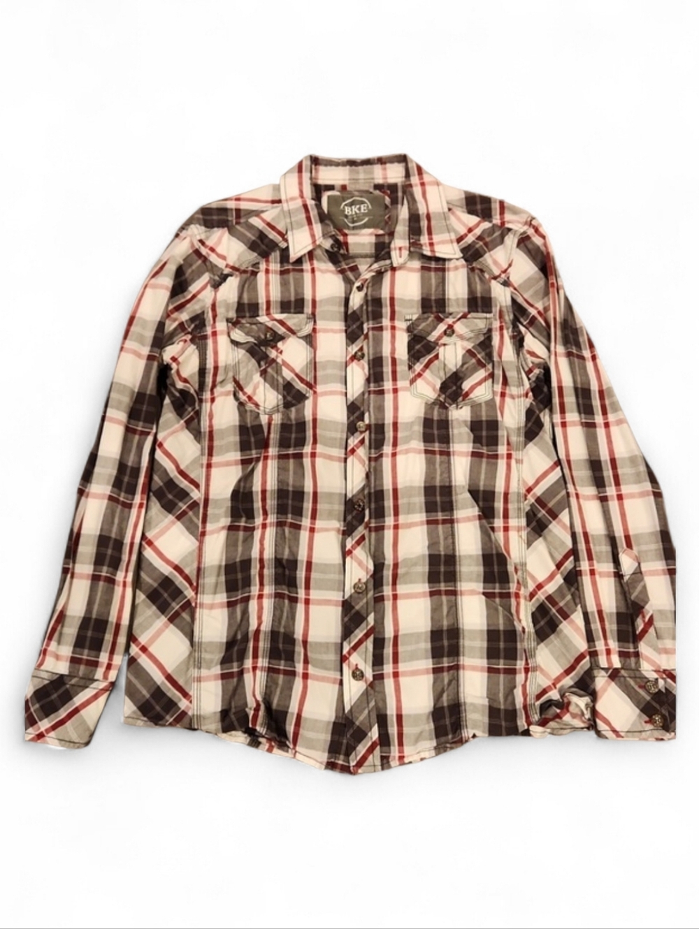 Men's Buckle Slim Fit Shirt- Plaid, XL, Red, White And Black